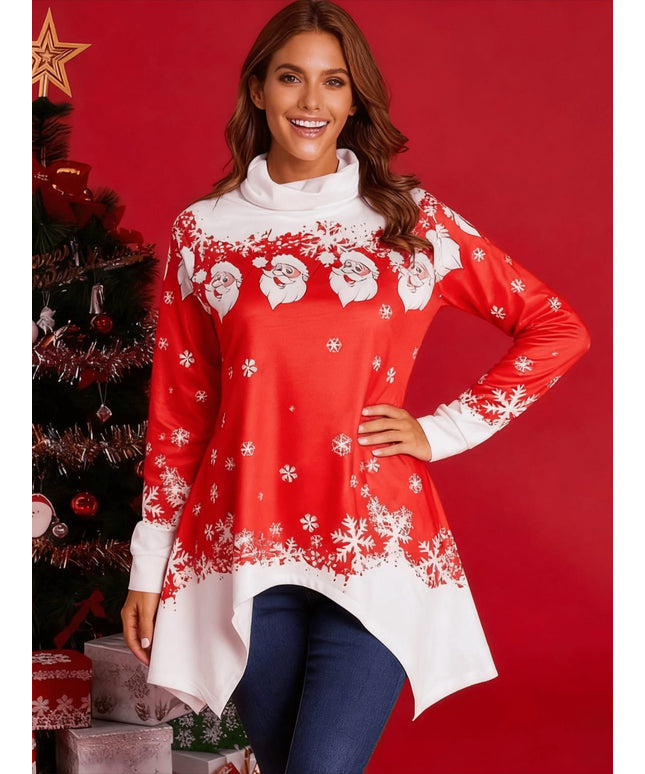 KissICON Curve Red Snowflake Santa Neck Tunic Top