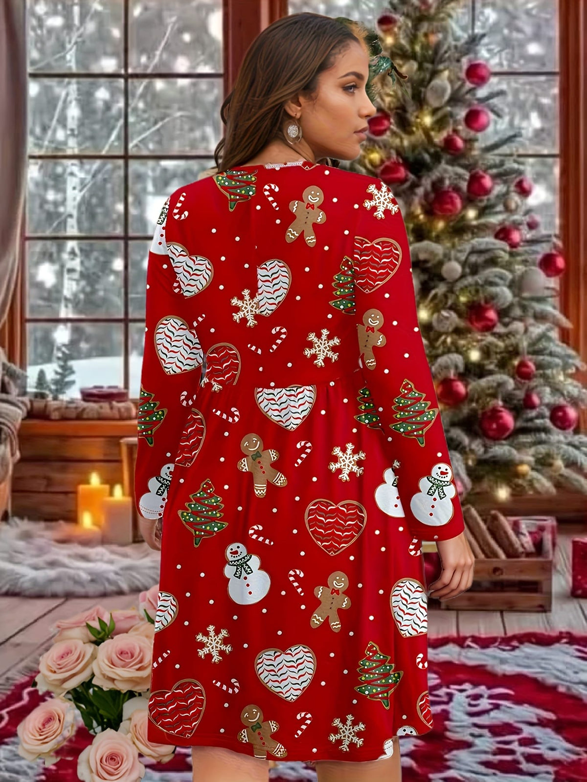 KissICON Curve Red Snowman Gingerbread Holiday Party Dress