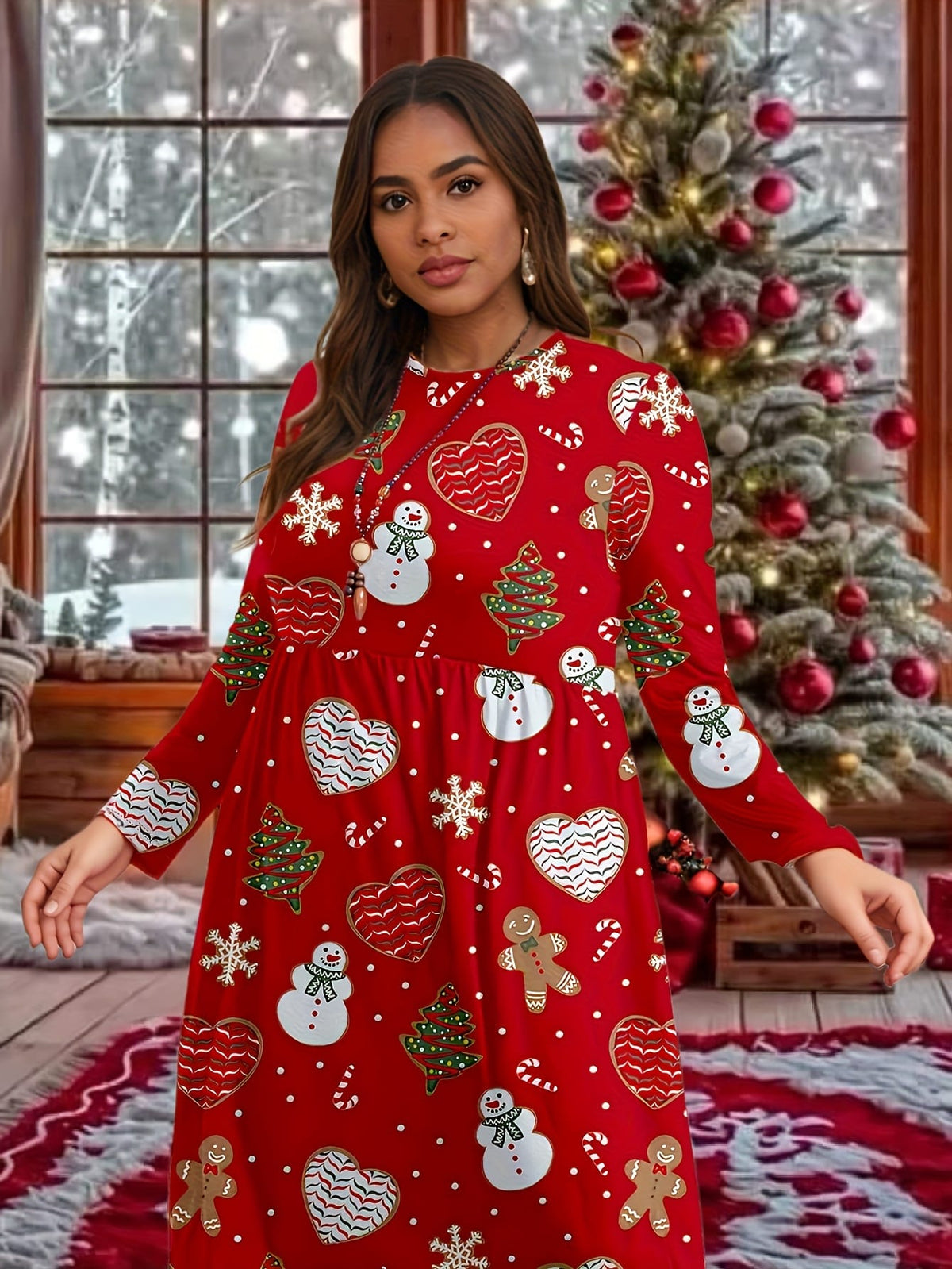 KissICON Curve Red Snowman Gingerbread Holiday Party Dress
