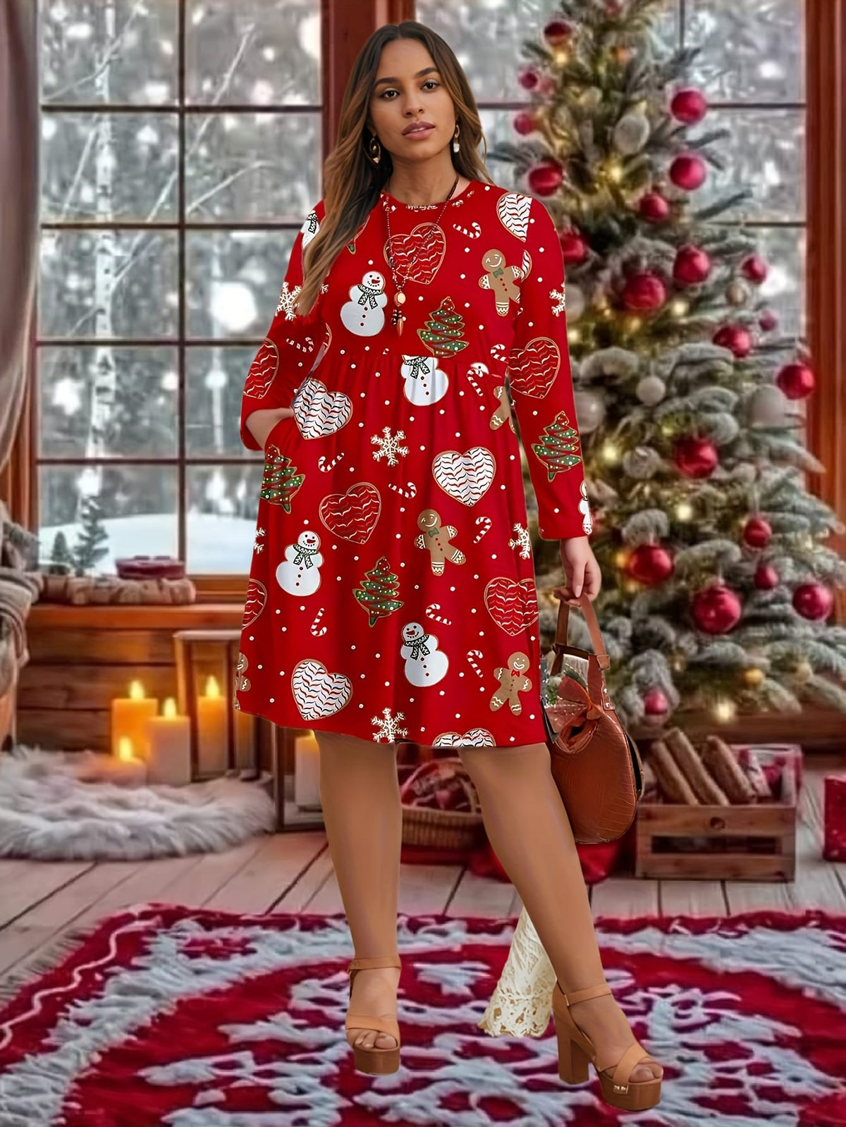 KissICON Curve Red Snowman Gingerbread Holiday Party Dress