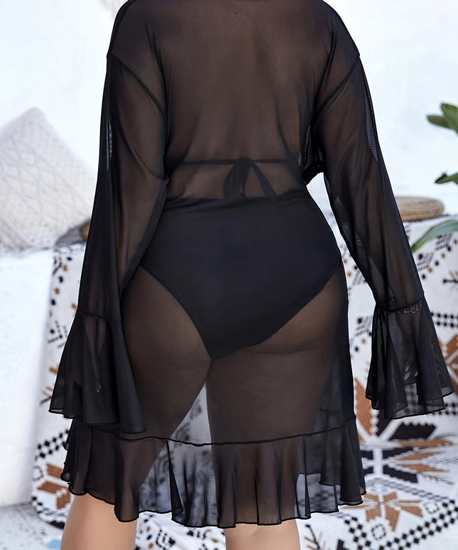 KissICON Curve Ruffle Mesh Drawstring Beach Coverup