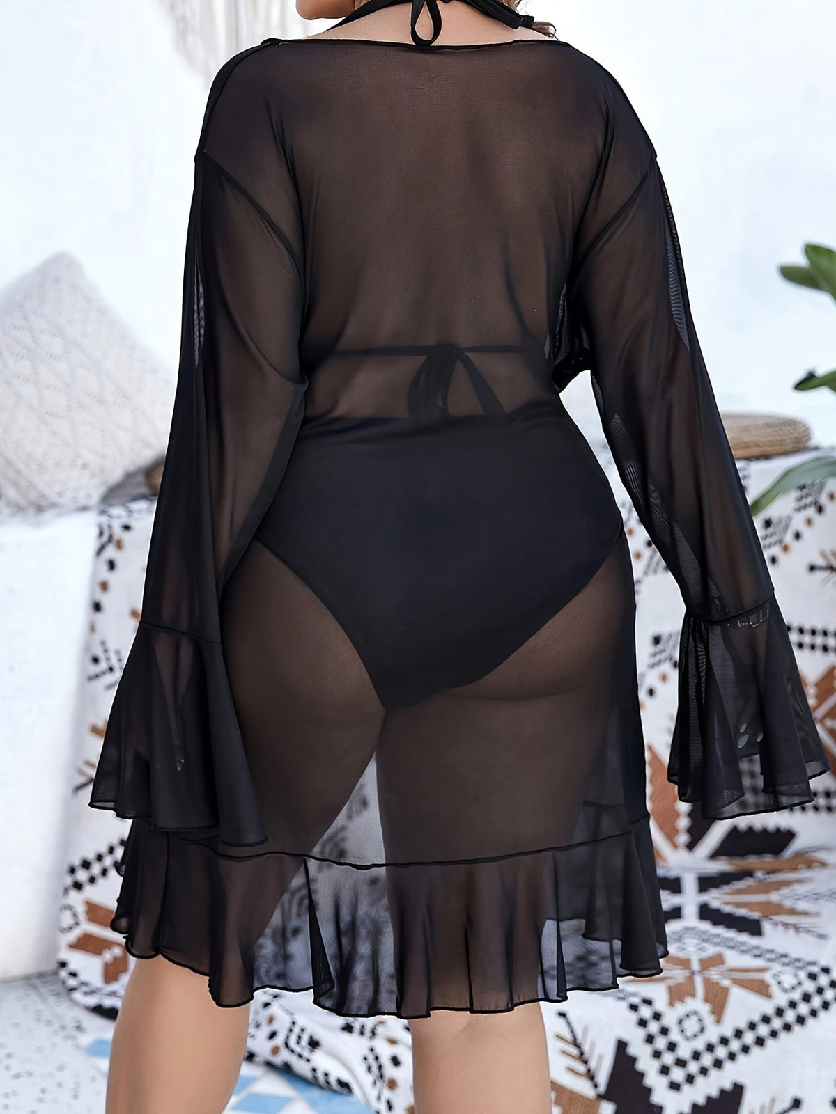 KissICON Curve Ruffle Mesh Drawstring Beach Coverup