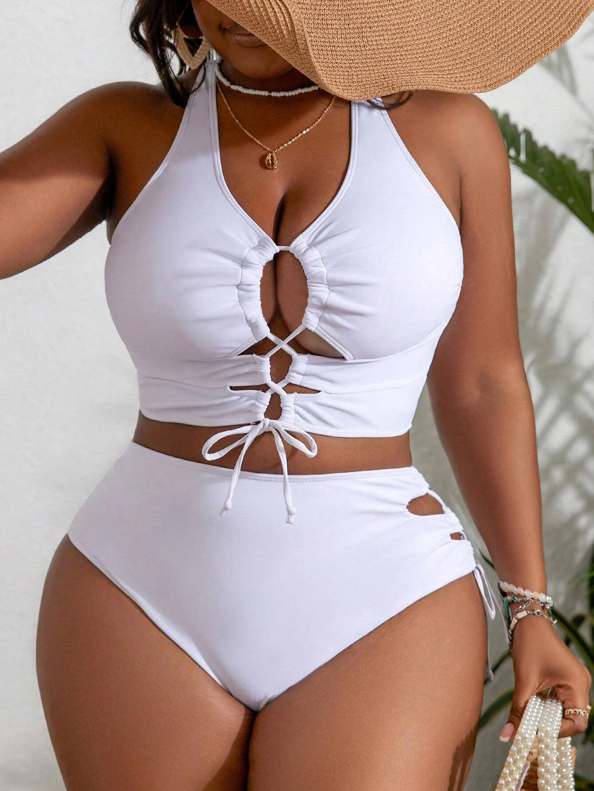 KissICON Curve Solid Color Cross Back Lace-up Hollow Swimwear