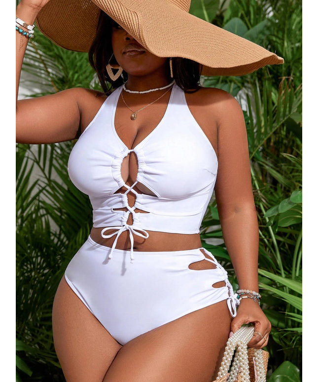 KissICON Curve Solid Color Cross Back Lace-up Hollow Swimwear