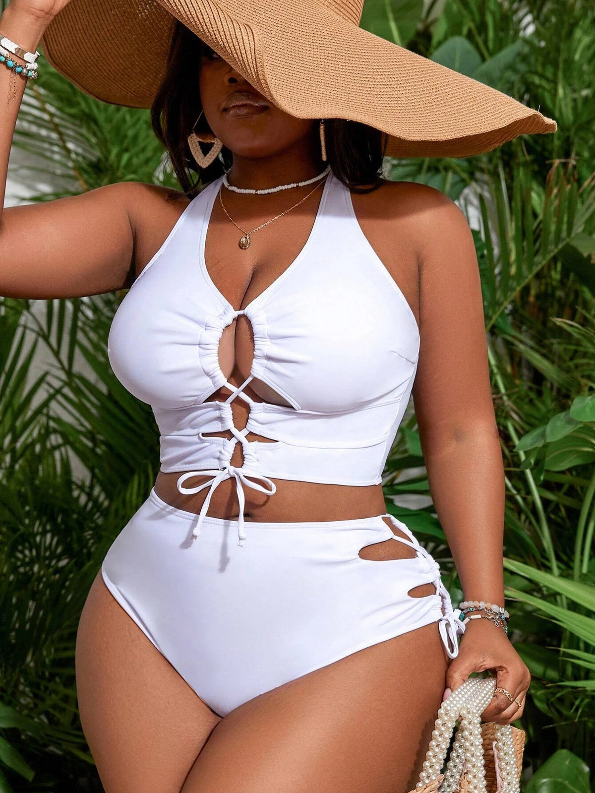 KissICON Curve Solid Color Cross Back Lace-up Hollow Swimwear