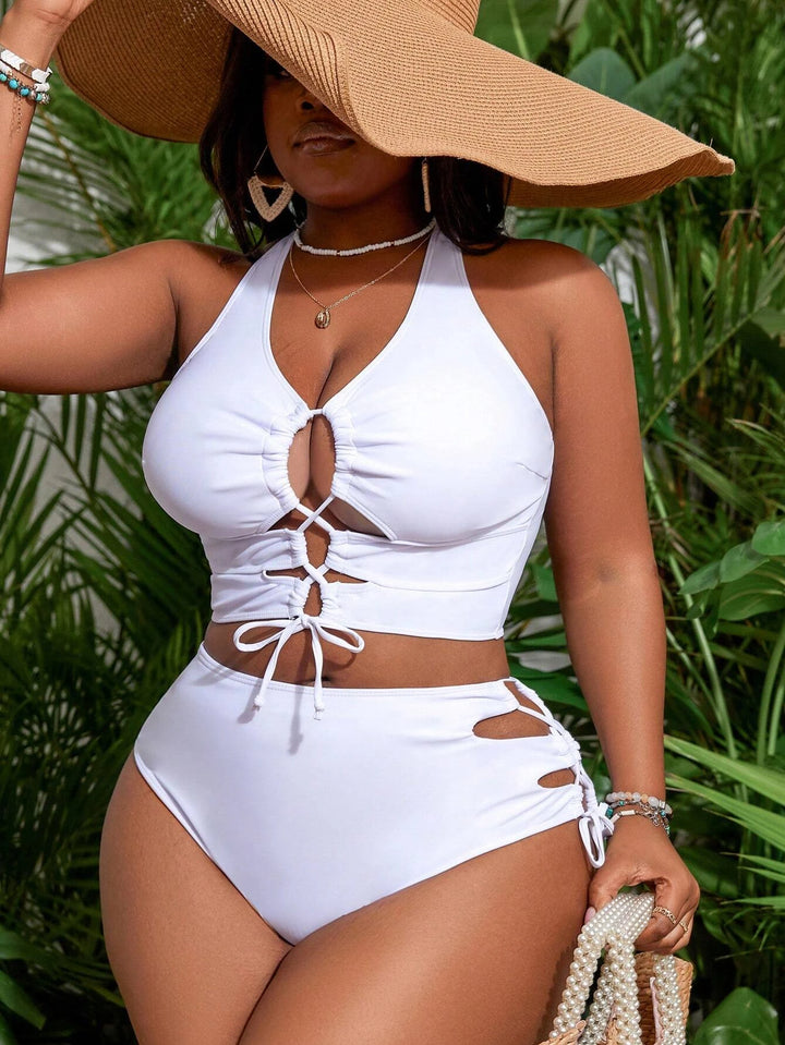 Curve Solid Color Cross Back Lace-up Hollow Swimwear