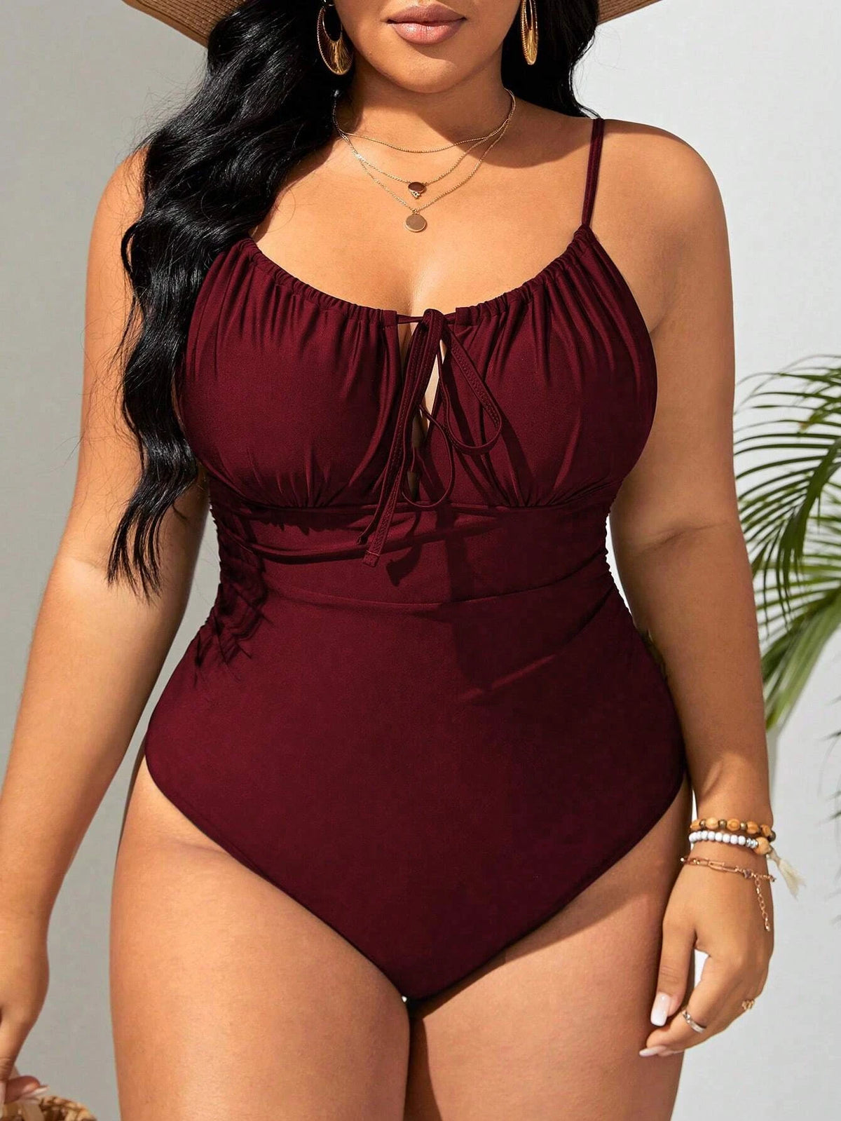 KissICON Curve Solid Color Front Tie One-piece Swimsuit