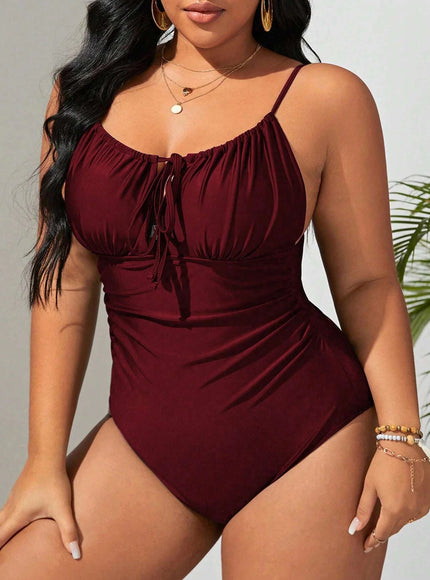 KissICON Curve Solid Color Front Tie One-piece Swimsuit
