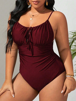 KissICON Curve Solid Color Front Tie One-piece Swimsuit
