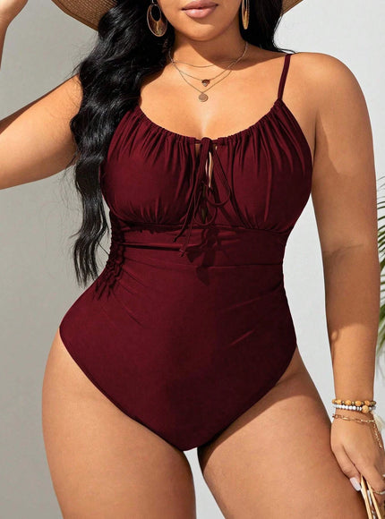 KissICON Curve Solid Color Front Tie One-piece Swimsuit