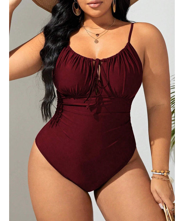 KissICON Curve Solid Color Front Tie One-piece Swimsuit