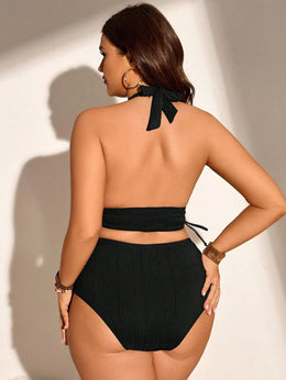 KissICON Curve Solid Color Halter Neck Lace Up
