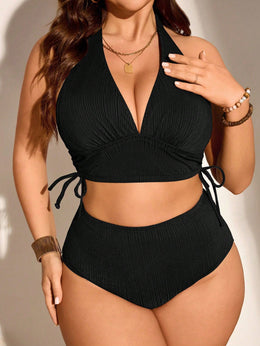 KissICON Curve Solid Color Halter Neck Lace Up
