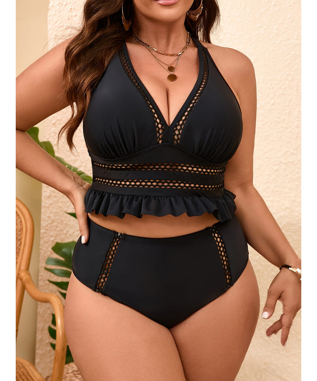 KissICON Curve V-Neck Solid Color Jacquard Bikini –
