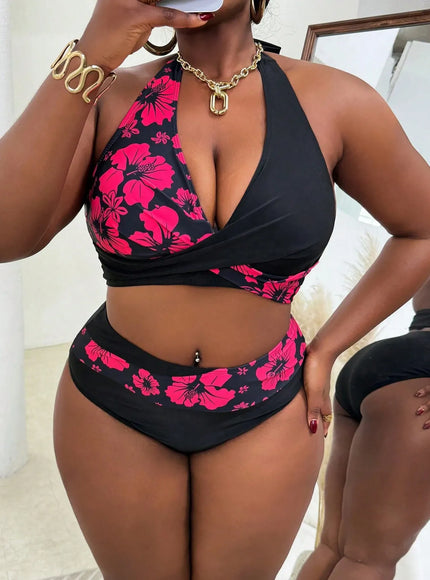 KissICON Curve Women's 2 Pieces Contrast Floral Printed Top