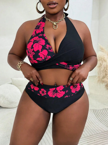 KissICON Curve Women's 2 Pieces Contrast Floral Printed Top