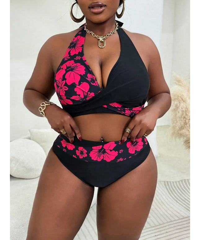 KissICON Curve Women's 2 Pieces Contrast Floral Printed Top