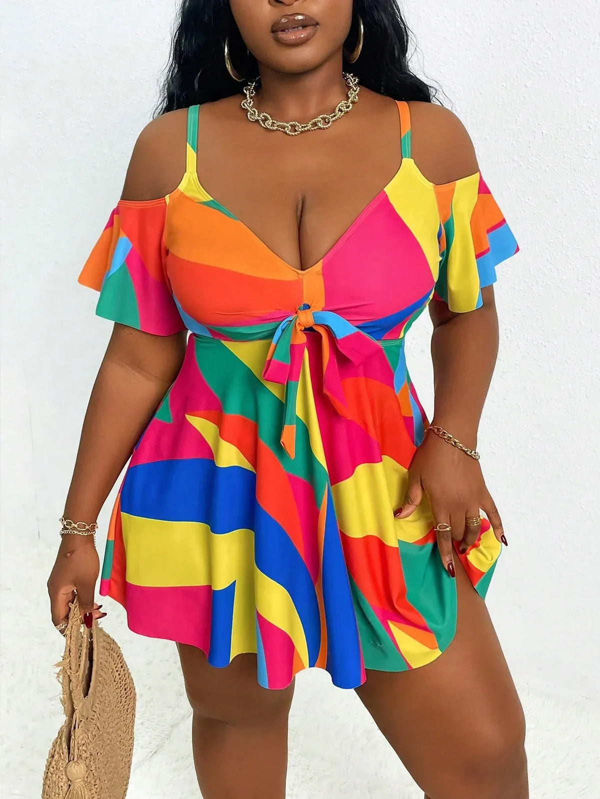 KissICON Curve Women's Cold Shoulder Ruffles Sleeve Beach