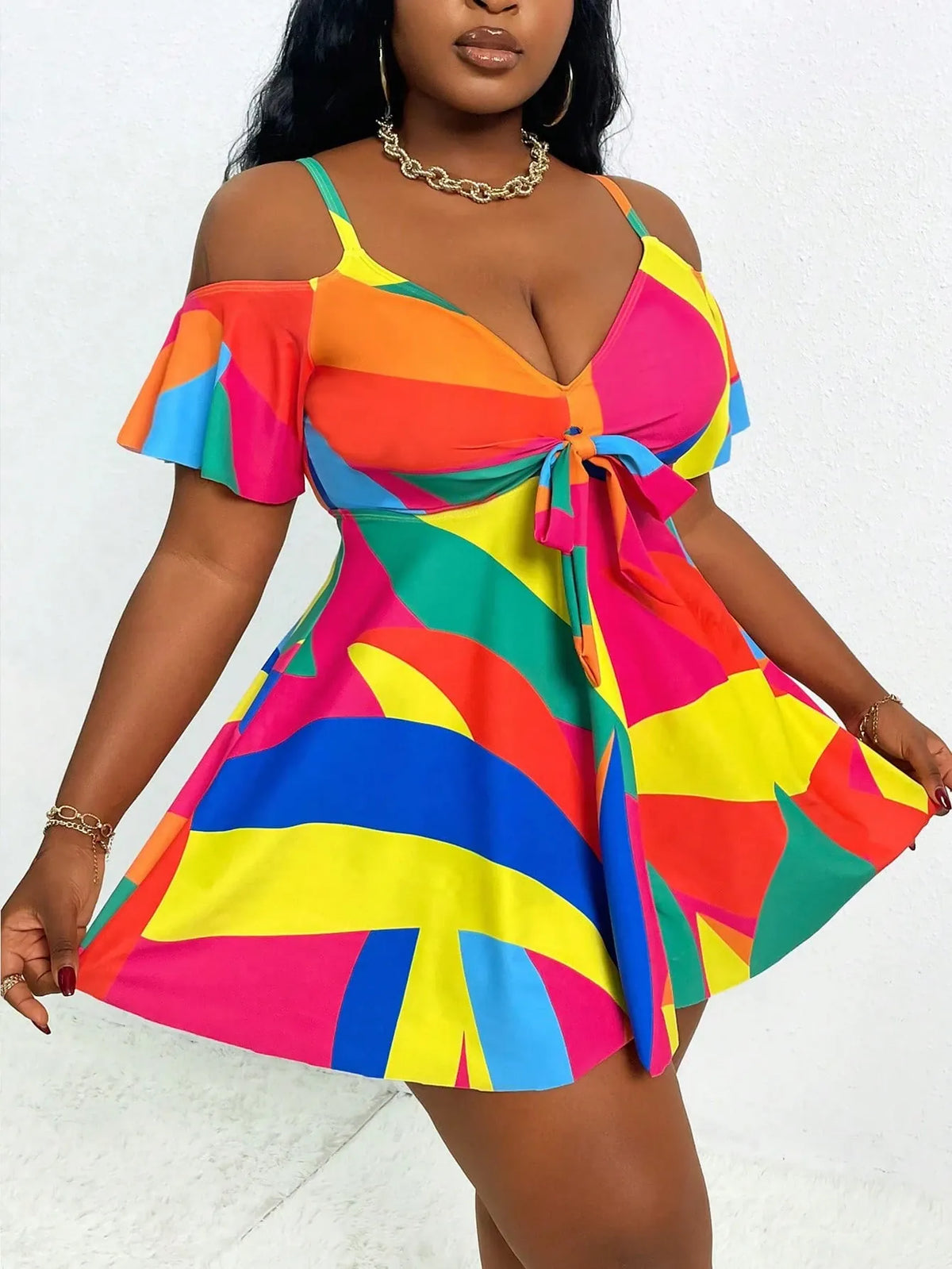 KissICON Curve Women's Cold Shoulder Ruffles Sleeve Beach