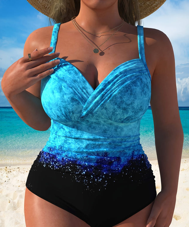 KissICON Curve Women's One-piece Swimsuit – Elegant Tie-dye Print