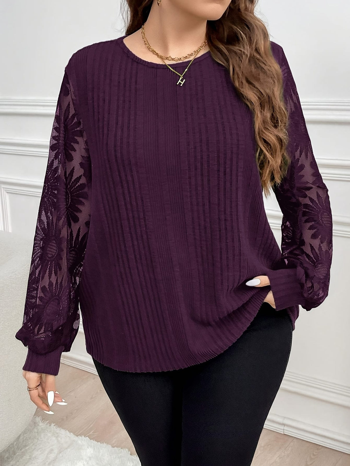 jkthpu-45 Curvy Celebrations Elegant Green Floral VNeck Ribbed Blouse