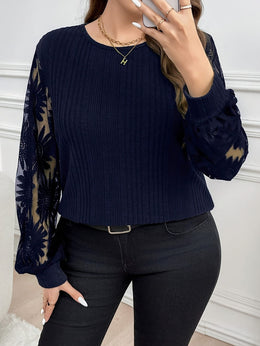 jkthpu-45 Curvy Celebrations Elegant Green Floral VNeck Ribbed Blouse