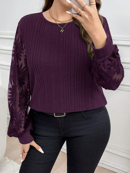 jkthpu-45 Curvy Celebrations Elegant Green Floral VNeck Ribbed Blouse