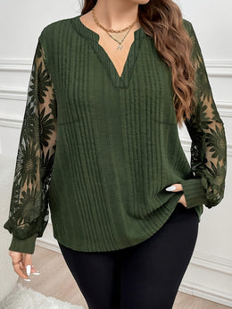 jkthpu-45 Curvy Celebrations Elegant Green Floral VNeck Ribbed Blouse