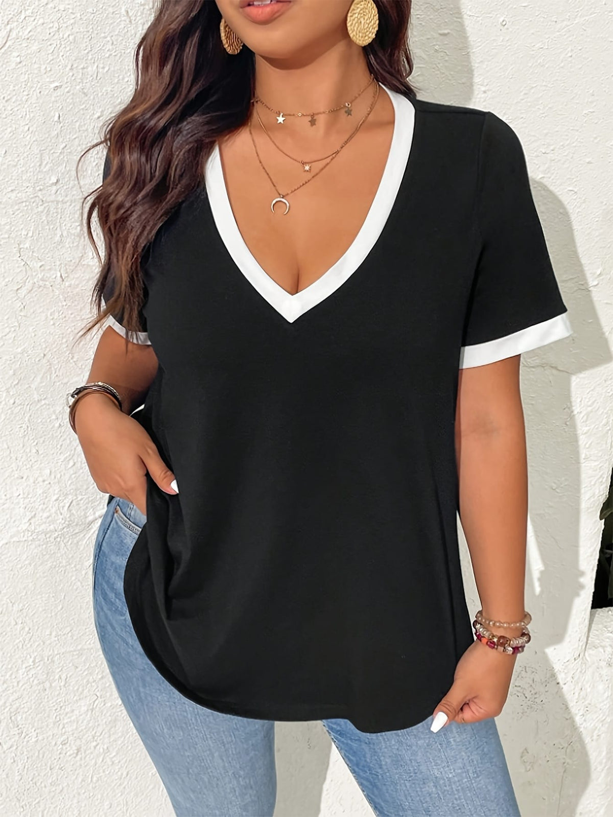 jkthpu-45 Curvy Contrast VNeck Tee QuickDry NonSeeThrough TravelReady