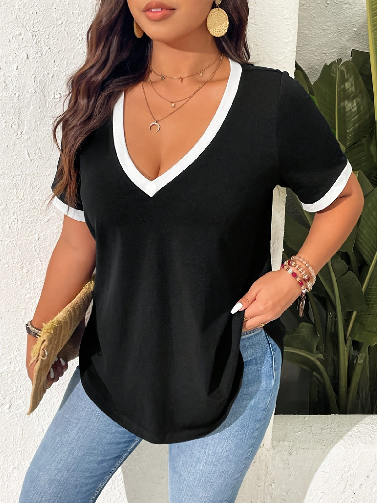 jkthpu-45 Curvy Contrast VNeck Tee QuickDry NonSeeThrough TravelReady