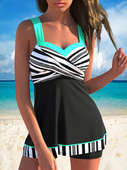 KissICON Curvy Curve Black White Striped Tankini