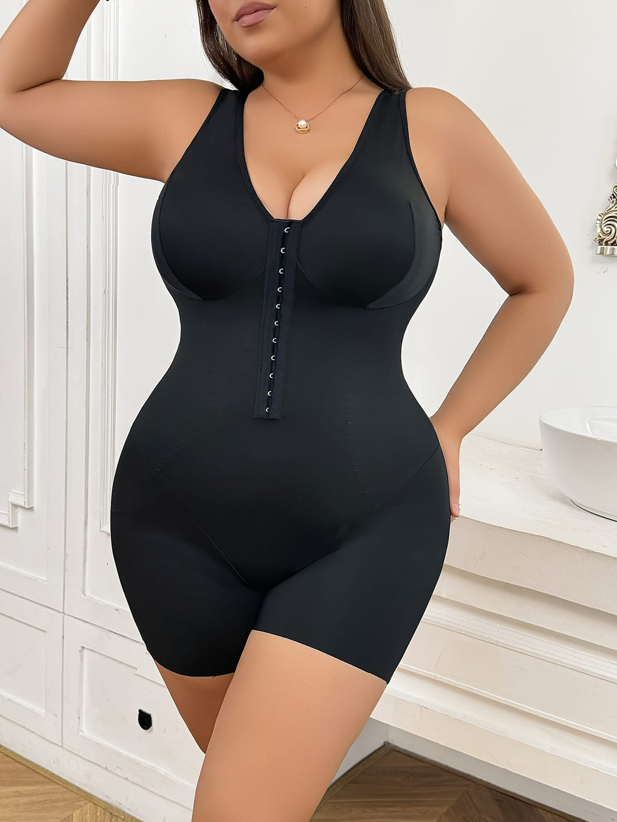 jkthpu-45 Curvy Fit Black Orange Plus Size Bodycon Onesie Bodysuit