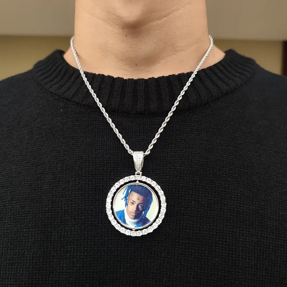 KissICON Customized Double-Side Photo Necklace Picture Pendant Chain Personalized Cubic Zirconia Hip Hop Jewelry Gift for Men Women