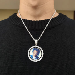 KissICON Customized Double-Side Photo Necklace Picture Pendant Chain Personalized Cubic Zirconia Hip Hop Jewelry Gift for Men Women