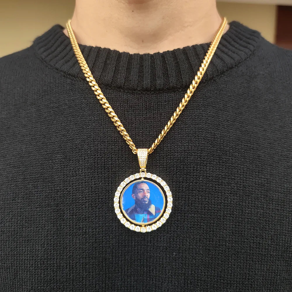 KissICON Customized Double-Side Photo Necklace Picture Pendant Chain Personalized Cubic Zirconia Hip Hop Jewelry Gift for Men Women