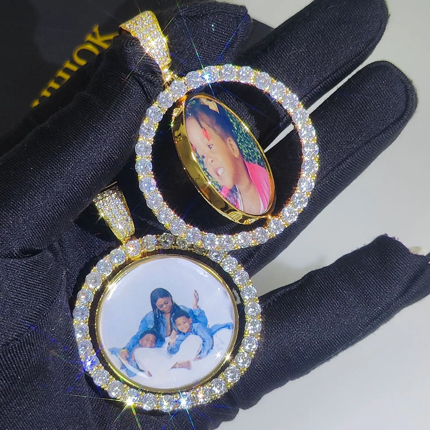 KissICON Customized Double-Side Photo Necklace Picture Pendant Chain Personalized Cubic Zirconia Hip Hop Jewelry Gift for Men Women