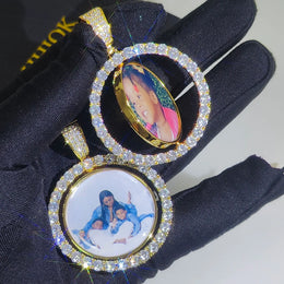 KissICON Customized Double-Side Photo Necklace Picture Pendant Chain Personalized Cubic Zirconia Hip Hop Jewelry Gift for Men Women