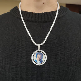 KissICON Customized Double-Side Photo Necklace Picture Pendant Chain Personalized Cubic Zirconia Hip Hop Jewelry Gift for Men Women