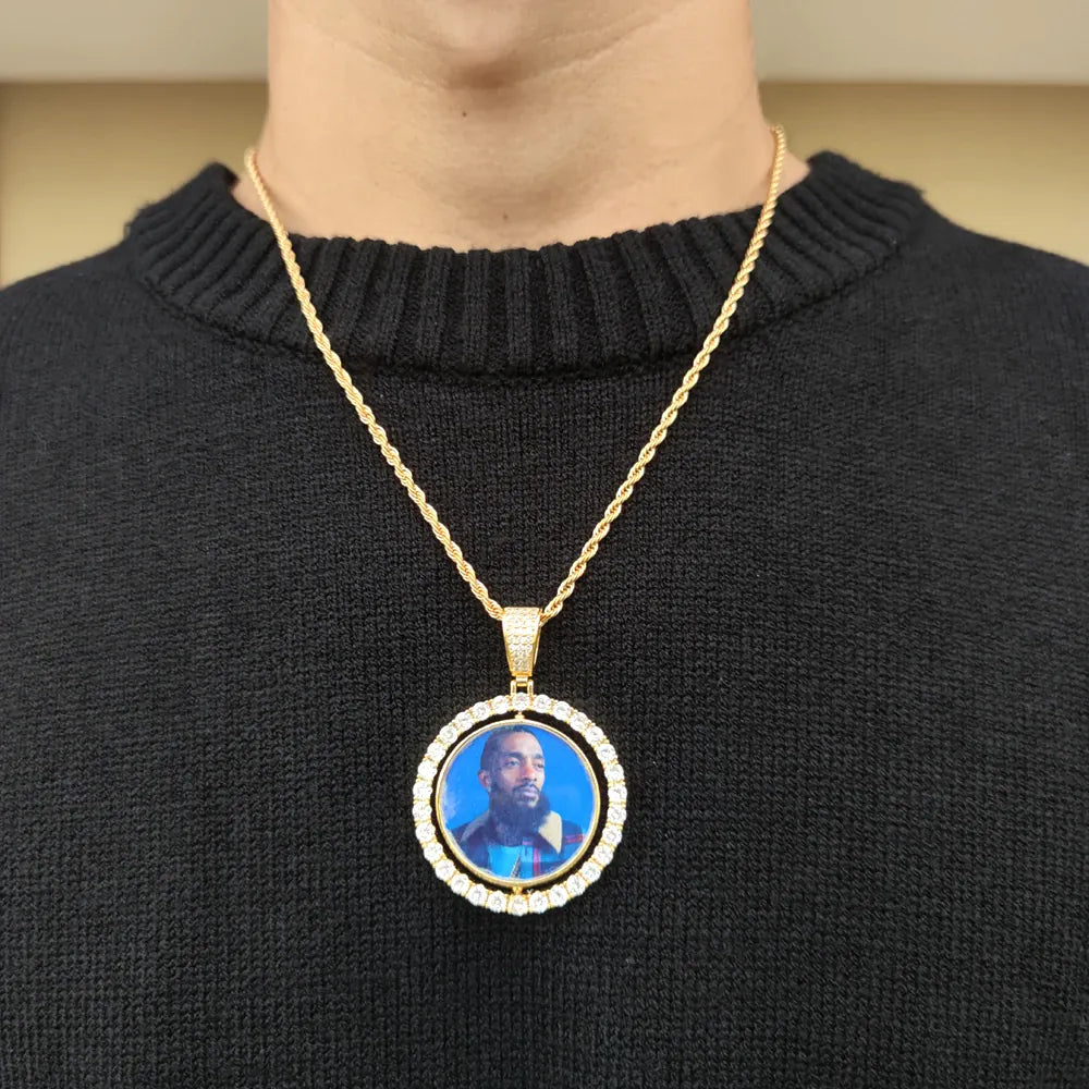 KissICON Customized Double-Side Photo Necklace Picture Pendant Chain Personalized Cubic Zirconia Hip Hop Jewelry Gift for Men Women