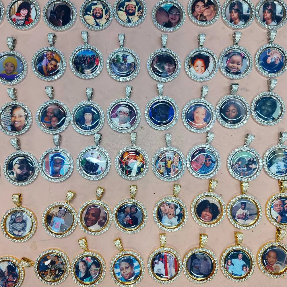 KissICON Customized Double-Side Photo Necklace Picture Pendant Chain Personalized Cubic Zirconia Hip Hop Jewelry Gift for Men Women