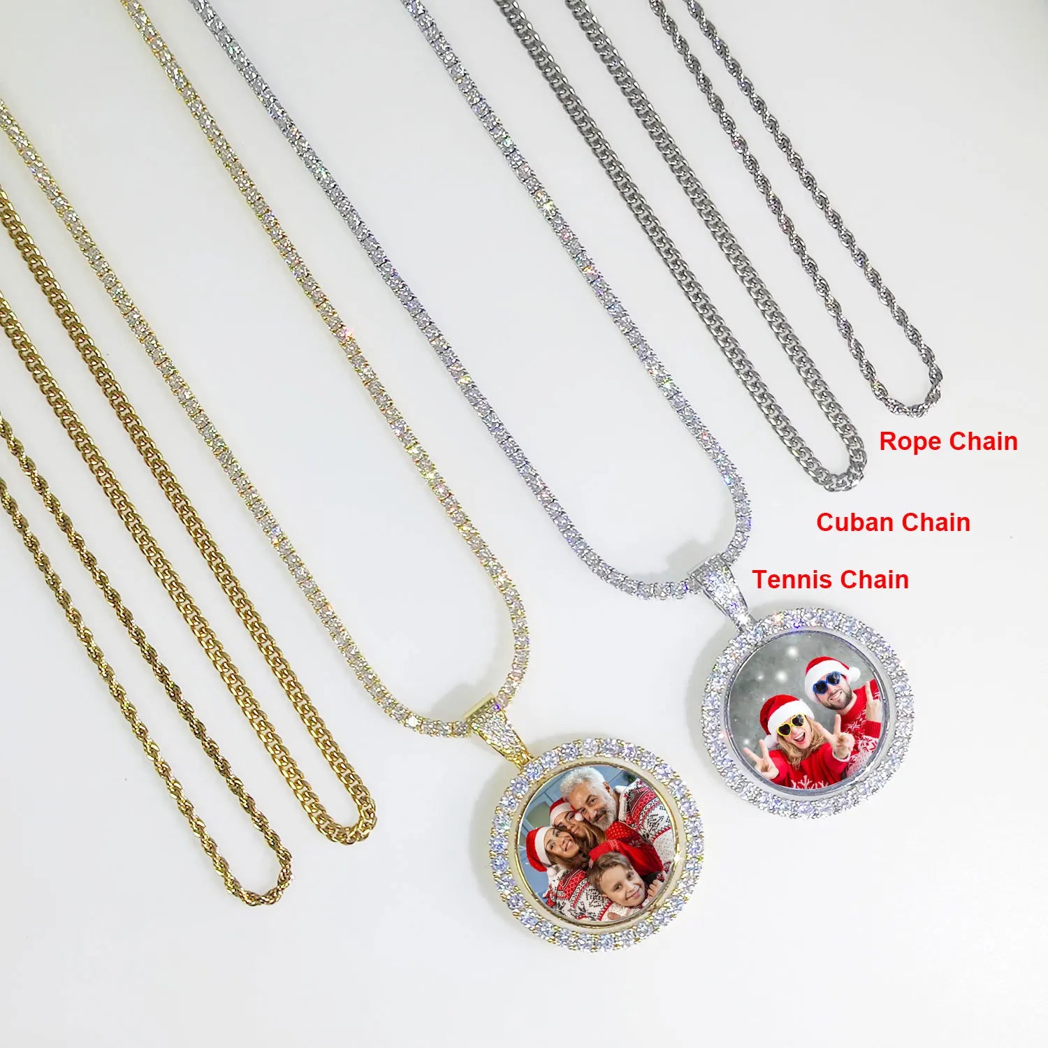 KissICON Customized Double-Side Photo Necklace Picture Pendant Chain Personalized Cubic Zirconia Hip Hop Jewelry Gift for Men Women