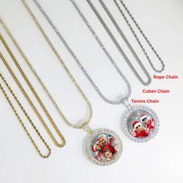 KissICON Customized Double-Side Photo Necklace Picture Pendant Chain Personalized Cubic Zirconia Hip Hop Jewelry Gift for Men Women