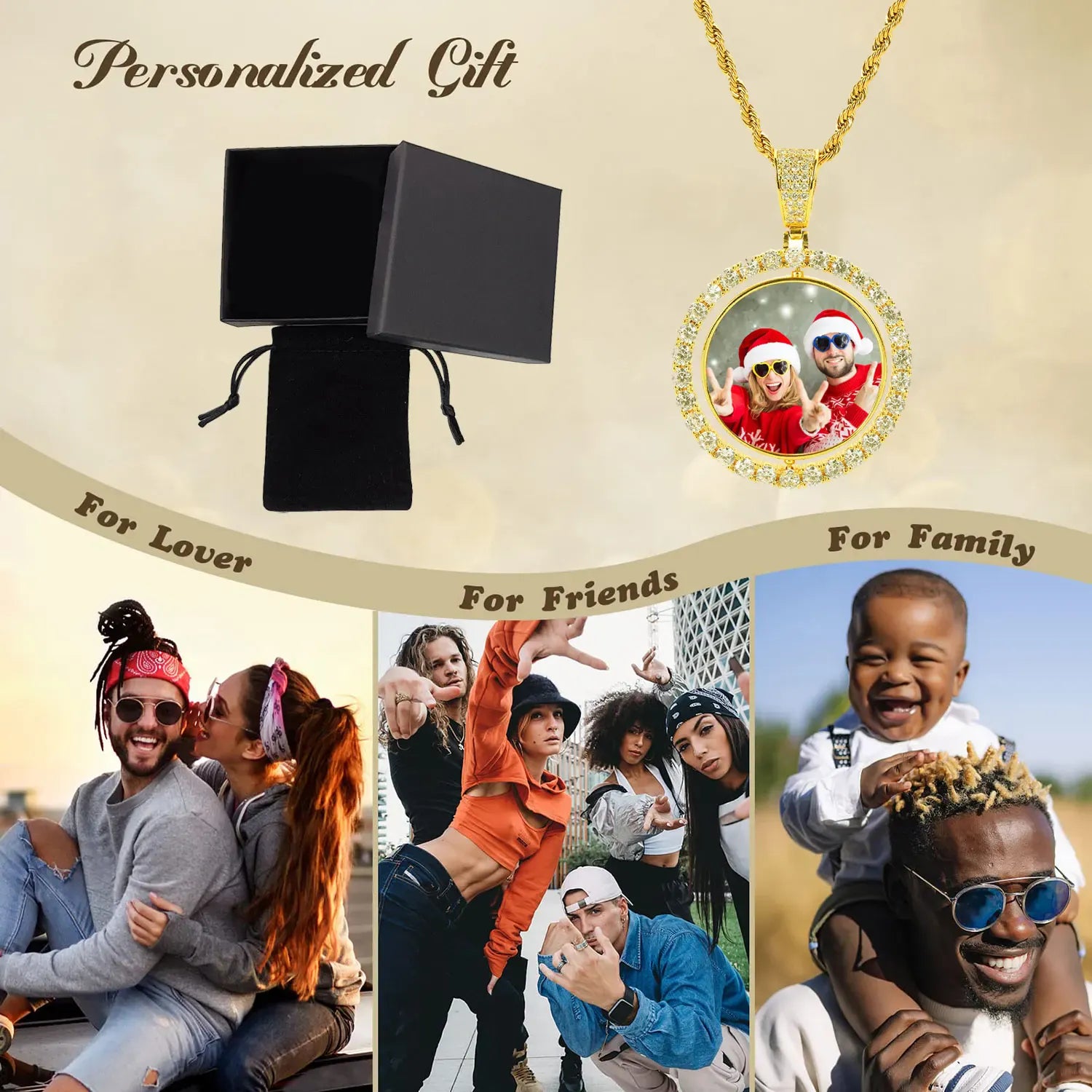 KissICON Customized Double-Side Photo Necklace Picture Pendant Chain Personalized Cubic Zirconia Hip Hop Jewelry Gift for Men Women
