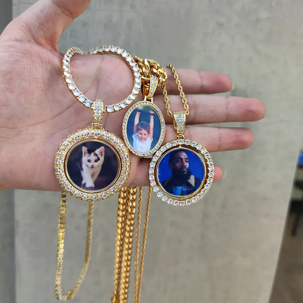 KissICON Customized Double-Side Photo Necklace Picture Pendant Chain Personalized Cubic Zirconia Hip Hop Jewelry Gift for Men Women