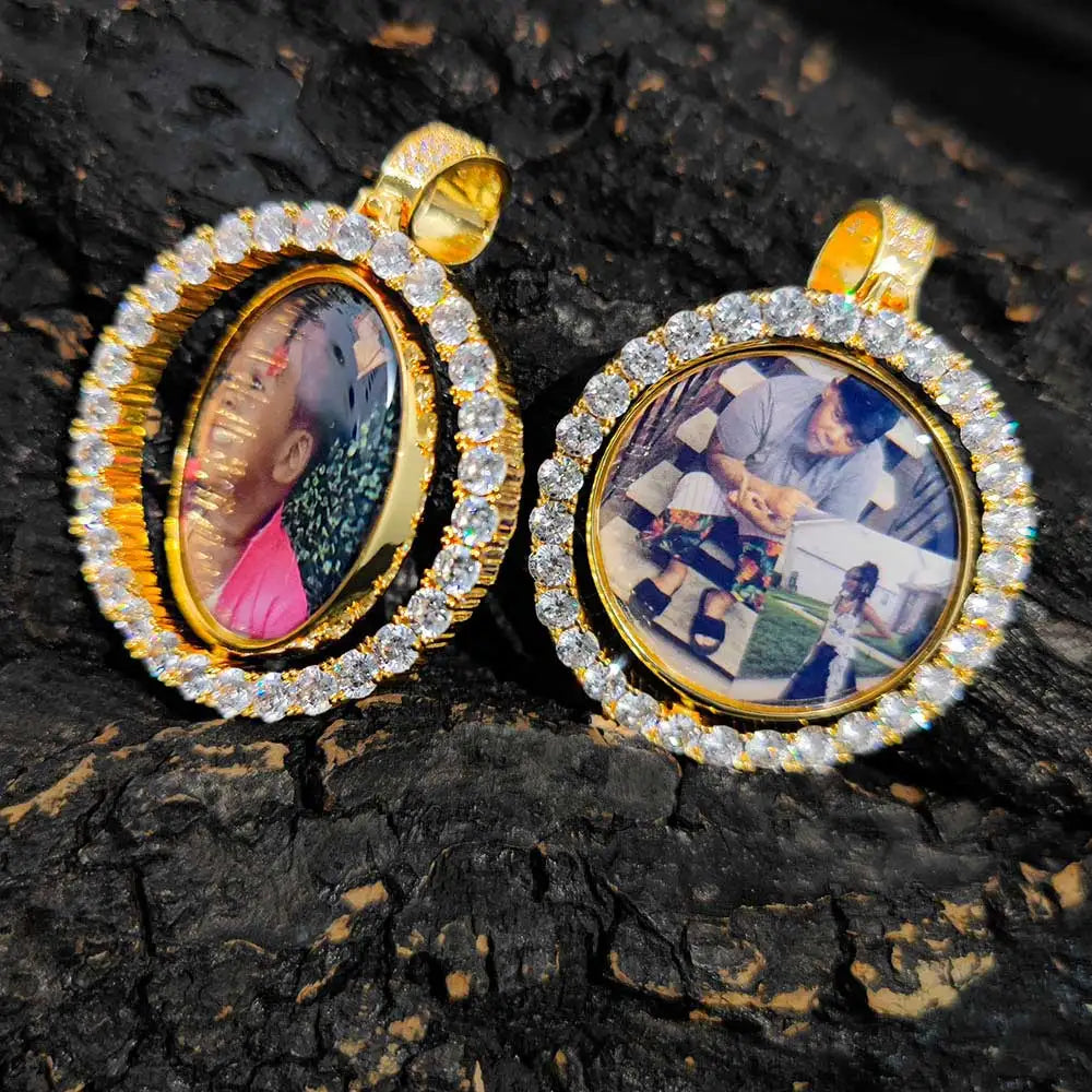 KissICON Customized Double-Side Photo Necklace Picture Pendant Chain Personalized Cubic Zirconia Hip Hop Jewelry Gift for Men Women