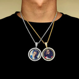 KissICON Customized Double-Side Photo Necklace Picture Pendant Chain Personalized Cubic Zirconia Hip Hop Jewelry Gift for Men Women