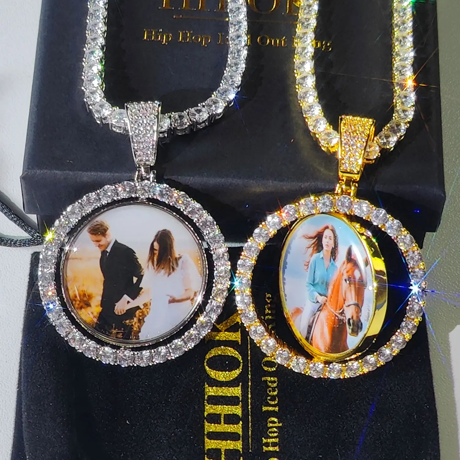 KissICON Customized Double-Side Photo Necklace Picture Pendant Chain Personalized Cubic Zirconia Hip Hop Jewelry Gift for Men Women