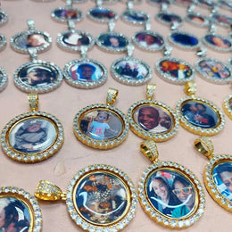 KissICON Customized Double-Side Photo Necklace Picture Pendant Chain Personalized Cubic Zirconia Hip Hop Jewelry Gift for Men Women