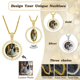 KissICON Customized Double-Side Photo Necklace Picture Pendant Chain Personalized Cubic Zirconia Hip Hop Jewelry Gift for Men Women