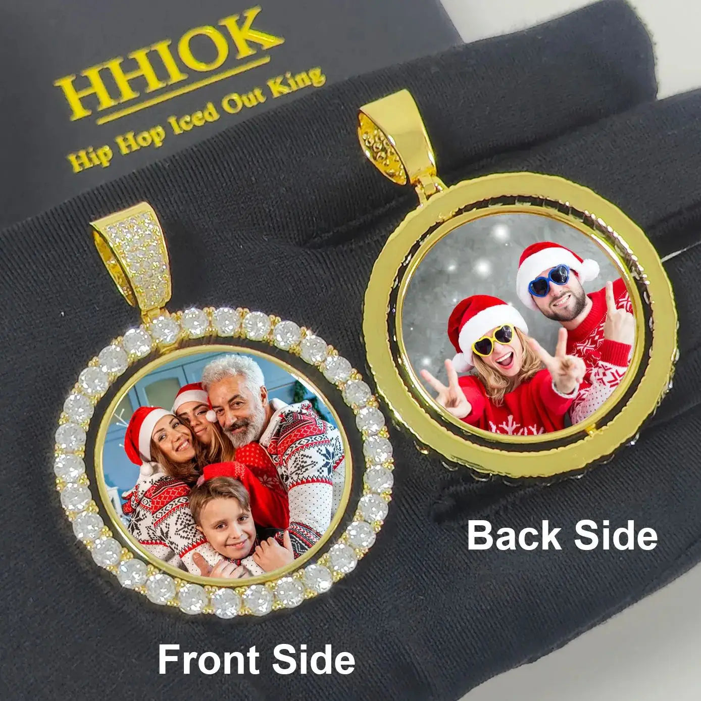 KissICON Customized Double-Side Photo Necklace Picture Pendant Chain Personalized Cubic Zirconia Hip Hop Jewelry Gift for Men Women